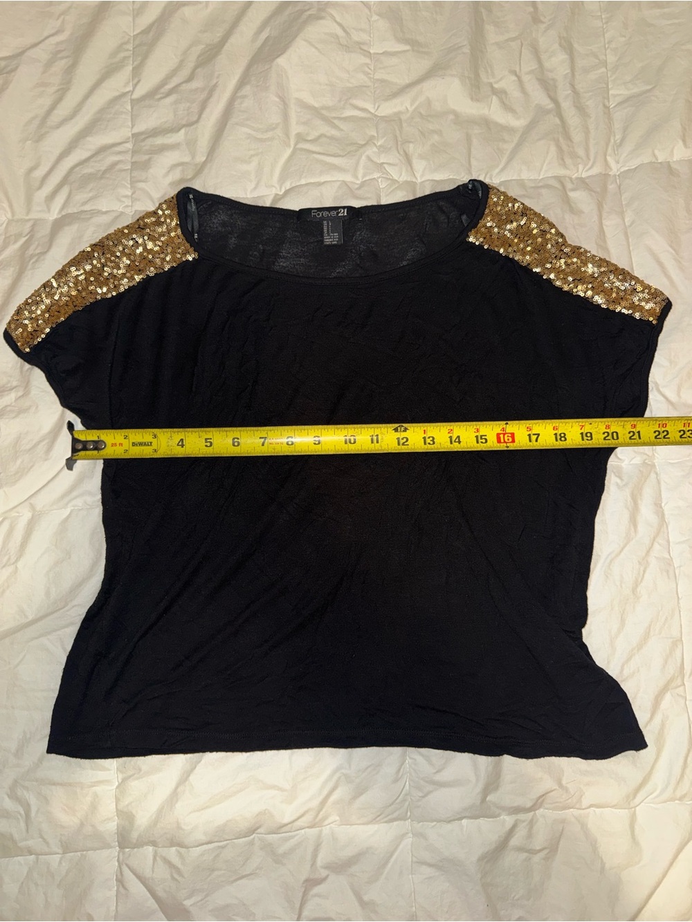Forever 21 Black Scoop Neck Top with Gold Sequin Shoulders - Size L - Picture 5 of 9